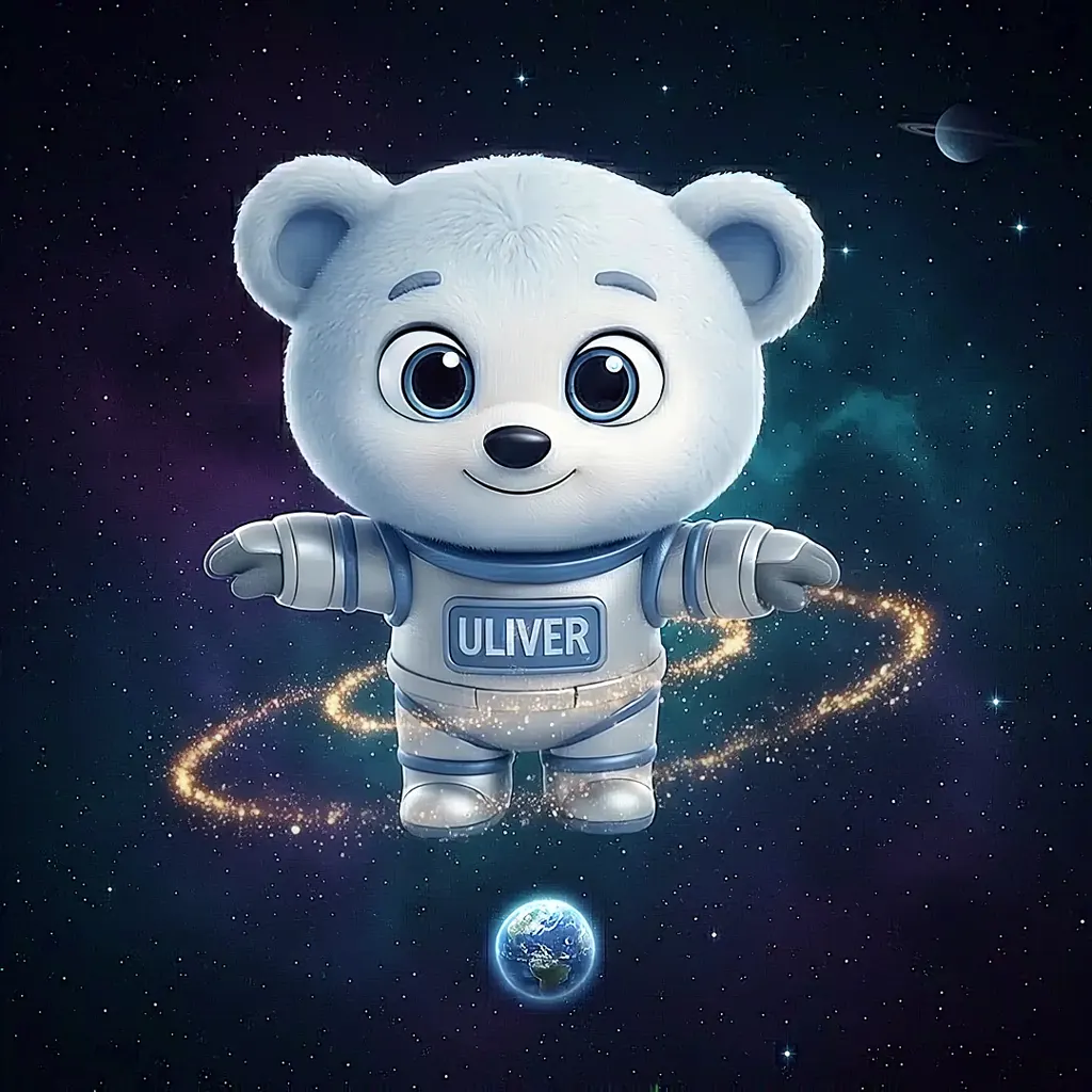 Uliver floating in cosmic space looking at Earth